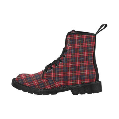 Red Buffalo Plaid Women's Boots, Tartan Black Check Lumberjack Vegan Canvas Lace Up Shoes Print Army Ankle Combat Winter Casual Custom Gift Starcove Fashion