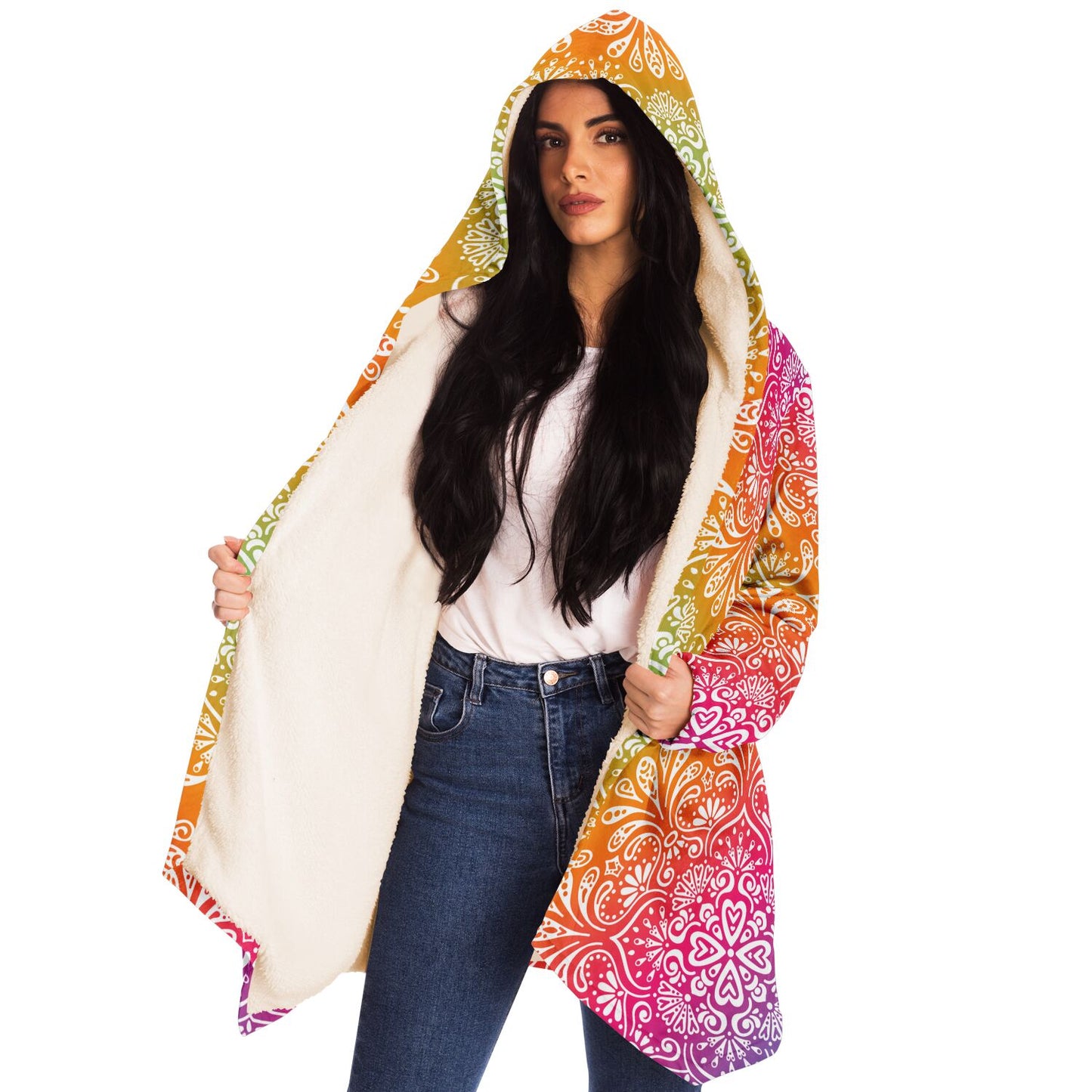 Mandala Hooded Cloak, Ombre Trippy Funky Men Women Modern Winter Warm Mink Blanket Festival Rave Wearable Cape with Pockets Starcove Fashion