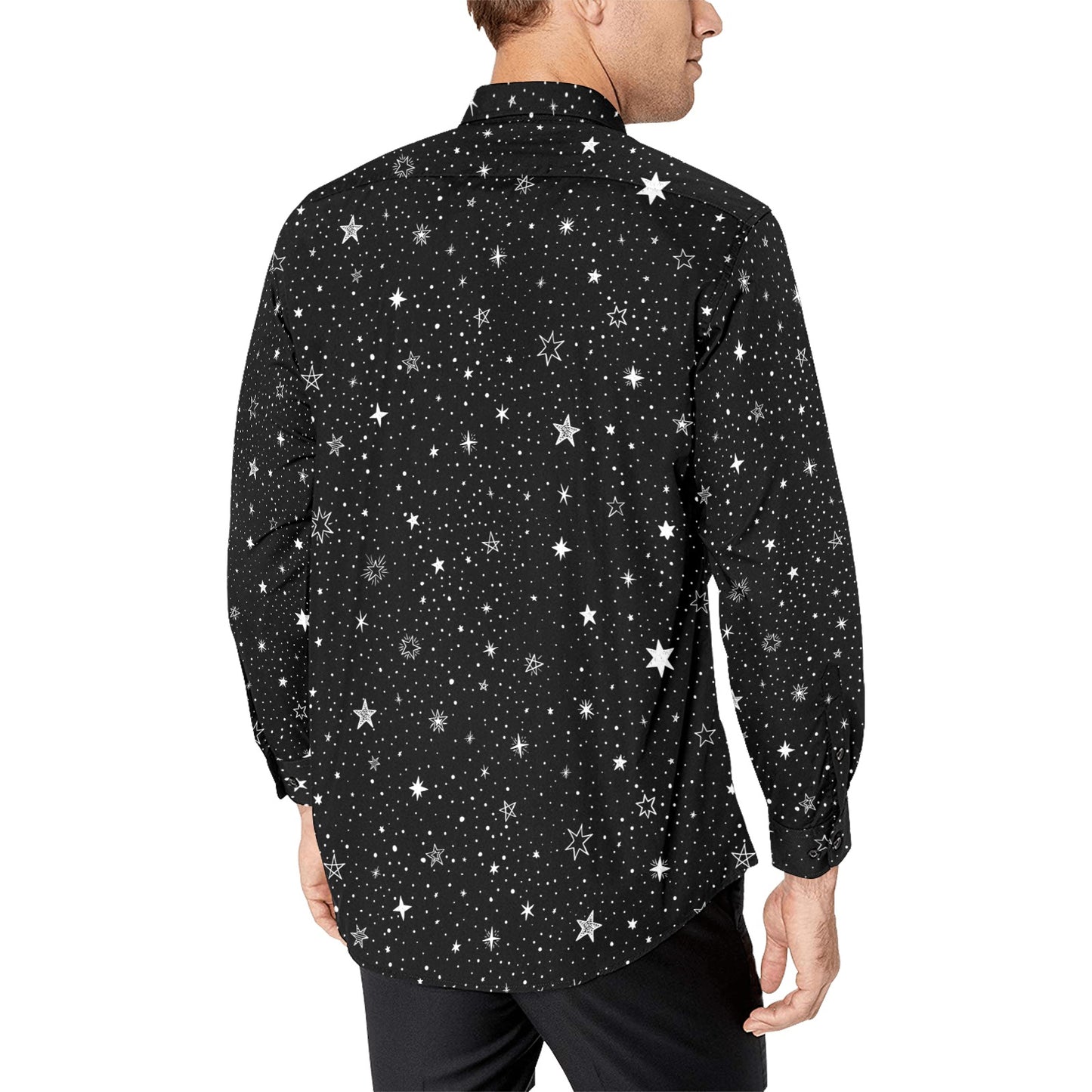 Stars Long Sleeve Men Button Up Shirt, Space Black White Print Dress Buttoned Collar Dress Shirt with Chest Pocket Starcove Fashion