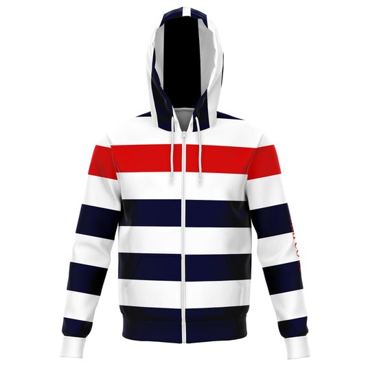 Red Blue White Stripes Zip Up Hoodie, Striped Front Zipper Pocket Men Women Unisex Adult Aesthetic Graphic Cotton Hooded Sweatshirt Starcove Fashion
