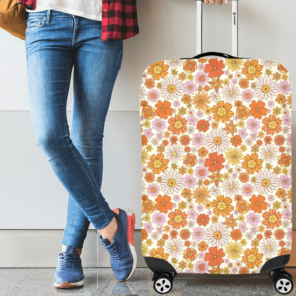 Groovy Flowers Luggage Cover, Retro 70s Funky Floral Cute Aesthetic Print Suitcase Bag Washable Protector Small Large Travel Gift Starcove Fashion