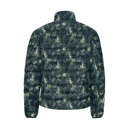 Green Camo Men Lightweight Bomber Jacket, Camouflage Deer Silhouette Stand Collar Padded Streetwear Quilted Winter Warm Coat
