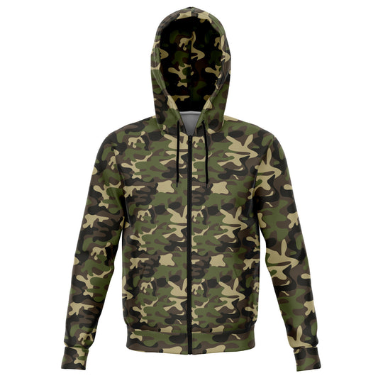 Camo Green Zip Up Hoodie, Camouflage Army Front Zip Pocket Men Women Adult Aesthetic Graphic Cotton Hooded Sweatshirt Starcove Fashion