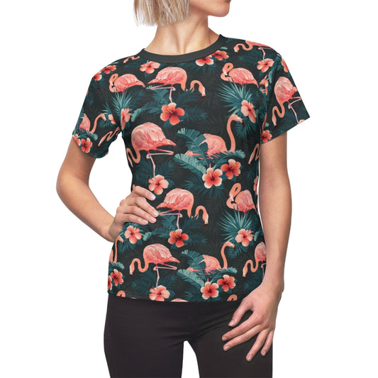 Pink Flamingo Women Tshirt, Tropical Vintage Green Designer Adult Graphic Aesthetic Fashion Fitted Crewneck Tee Shirt Top Starcove Fashion