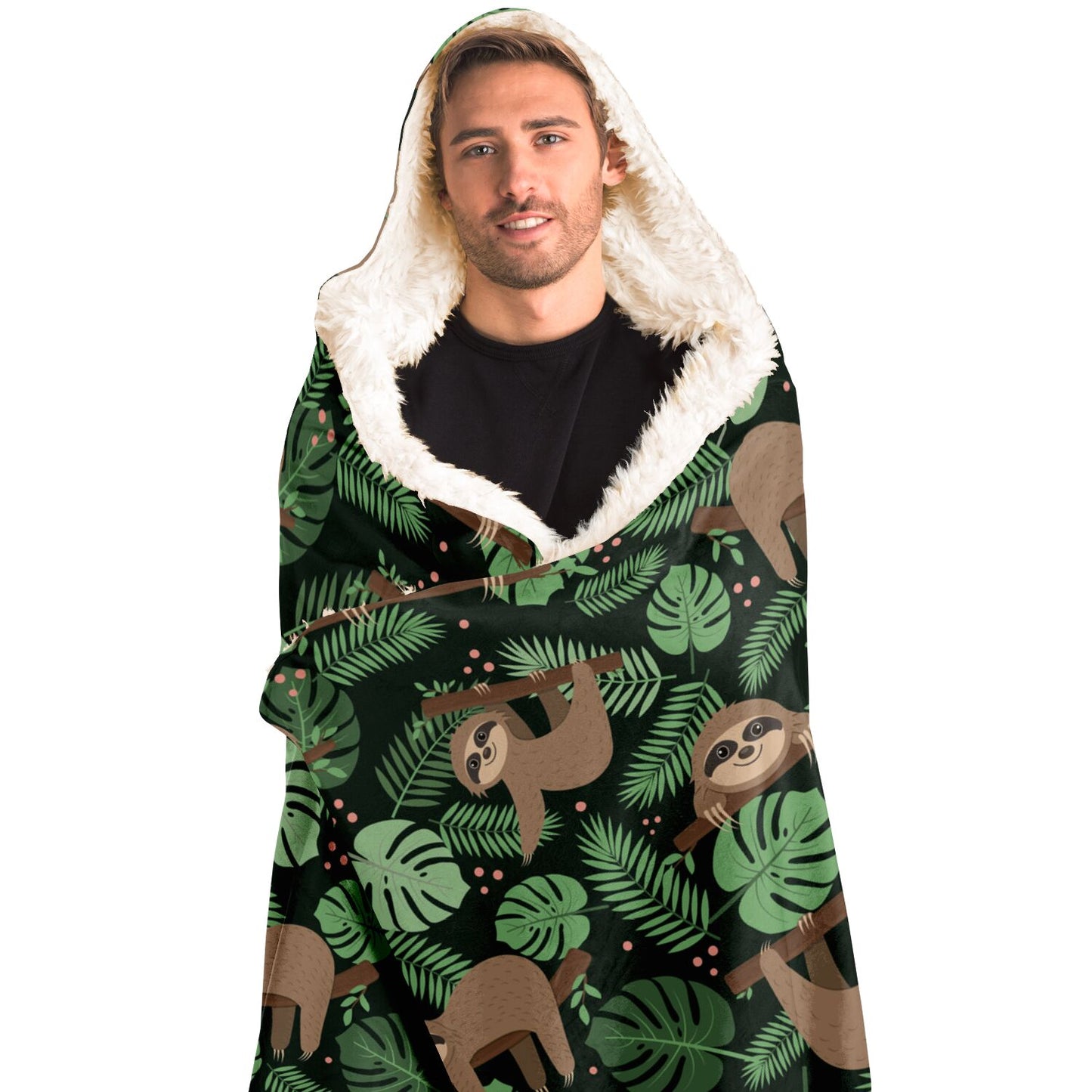 Sloth Green Hooded Blanket, Sleeping Animal Leaves Plants Cute Sherpa Fleece Soft Fluffy Cozy Warm Adult Men Women Kids Large Gift Starcove Fashion
