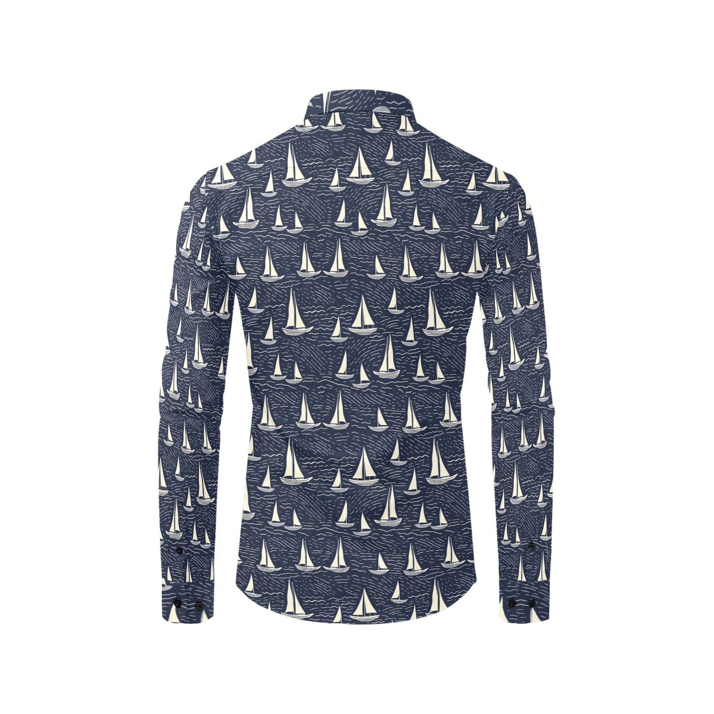 Sail Boats Men Button Up Shirt, Long Sleeve Nautical Navy Ocean Sea Blue Print Dress Buttoned Collar Casual Dress Shirt with Chest Pocket Starcove Fashion