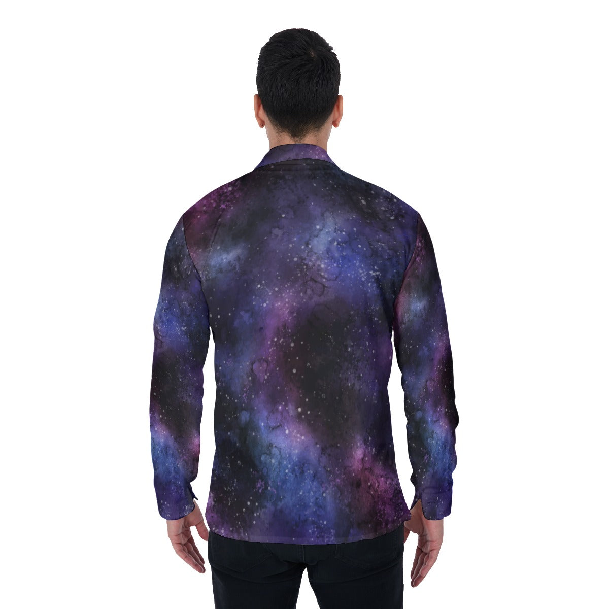 Galaxy Long Sleeve Men Button Up Shirt, Space Stars Print Dress Buttoned Collar Plus Size Shirt with Chest Pocket Starcove Fashion