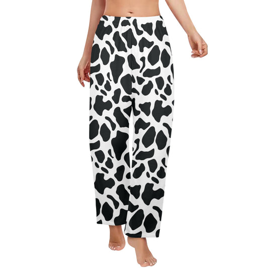 Cow Print Women Pajamas Pants, Black and White Animal Pattern Satin PJ Funny Pockets Trousers Couples Matching Ladies Trousers Bottoms