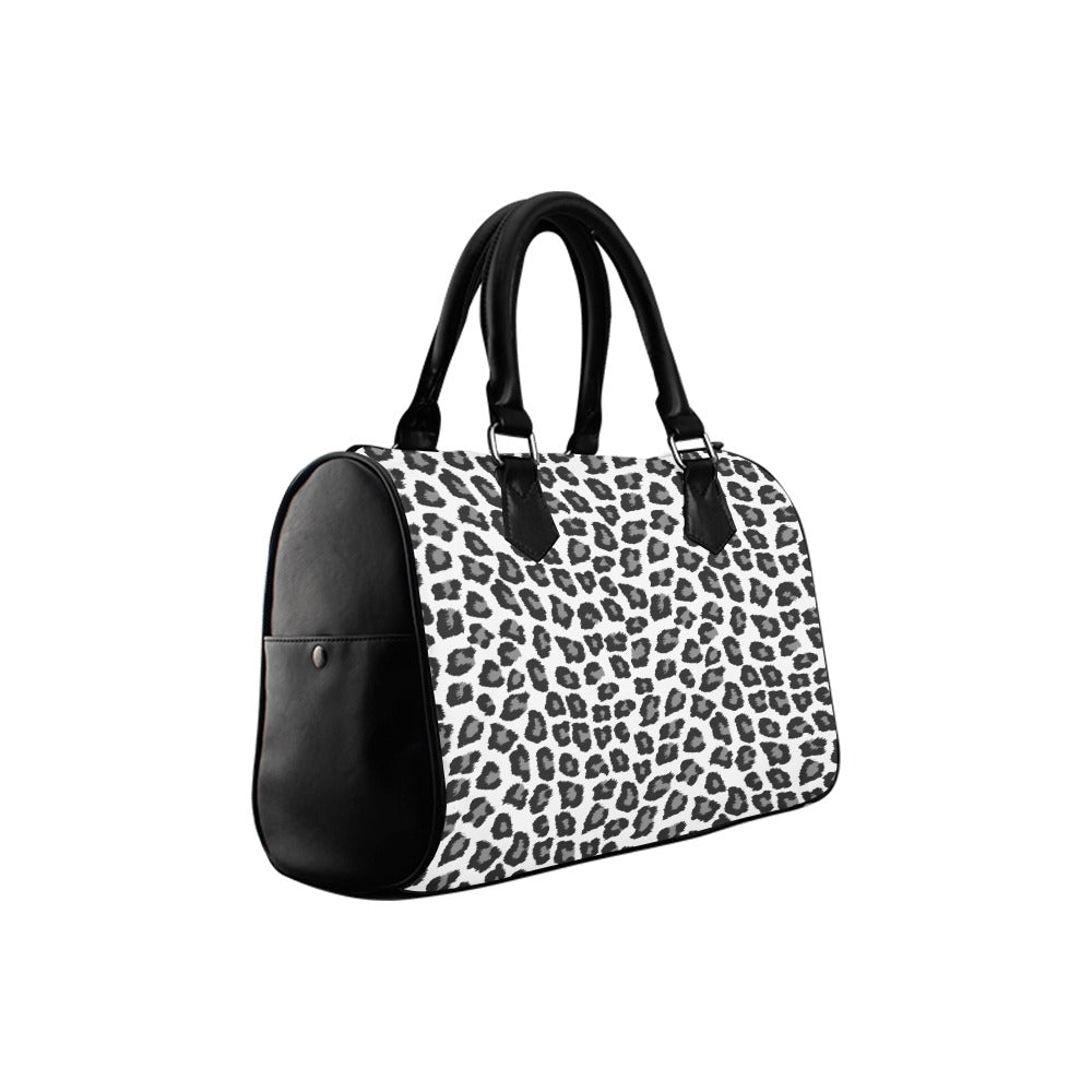 Snow Leopard Print Purse Handbag, Animal Black White Canvas and Leather Barrel Type Designer Zipper Closing Accessory Bag Gift Starcove Fashion