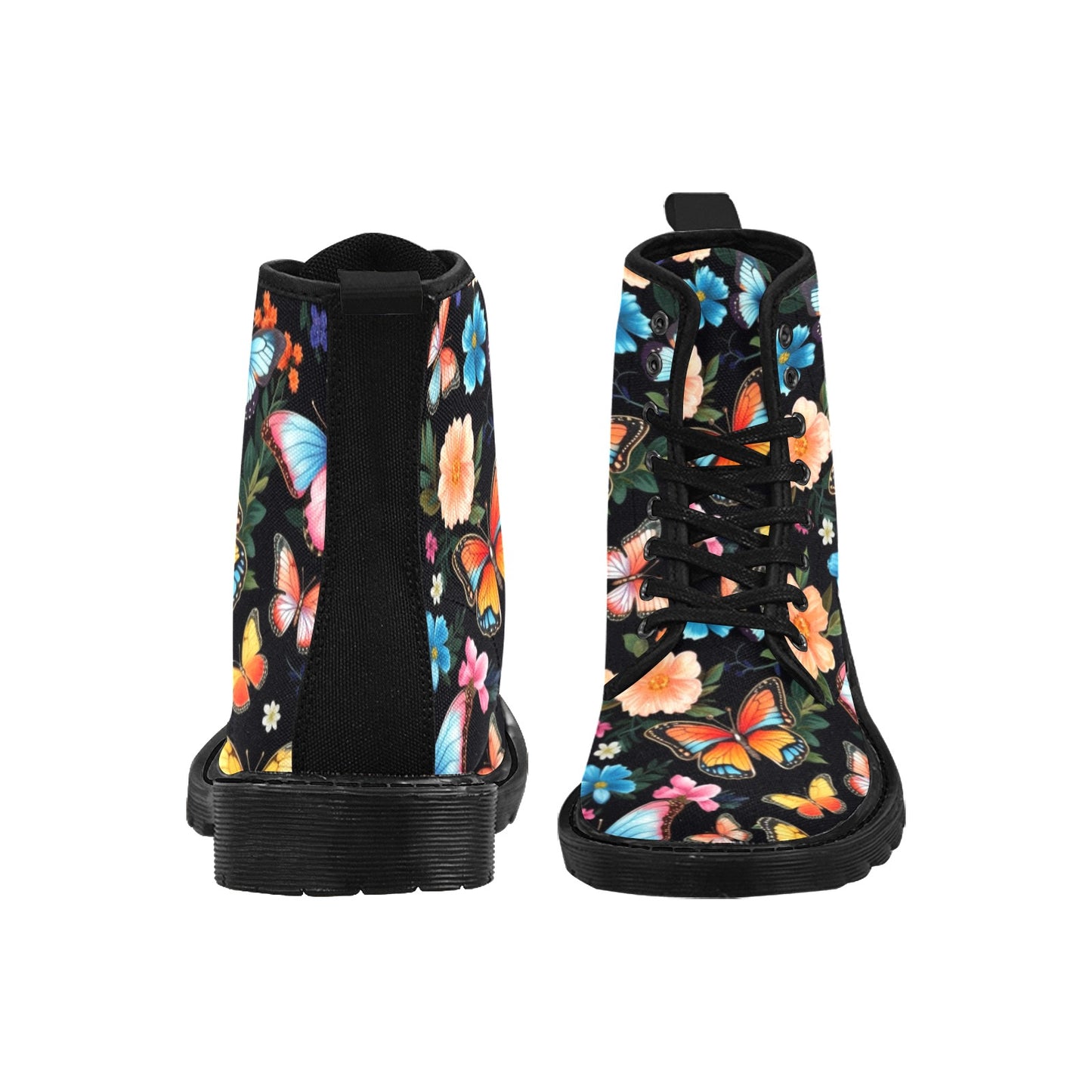 Floral Butterfly Women's Boots, Monarch Flowers Pattern Vegan Canvas Festival Party Lace Up Shoes Fashion Print Ankle Combat Casual Custom