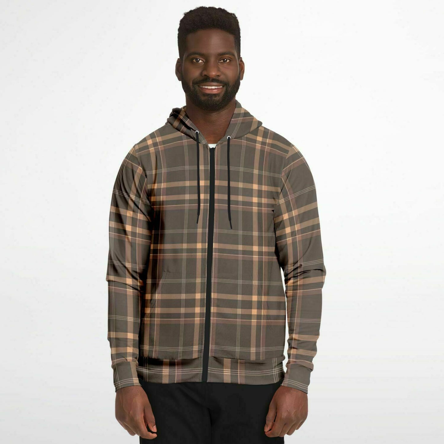 Brown Tartan Zip Up Hoodie, Plaid Front Zipper Pocket Men Women Unisex Adult Aesthetic Graphic Cotton Fleece Hooded Sweatshirt Starcove Fashion