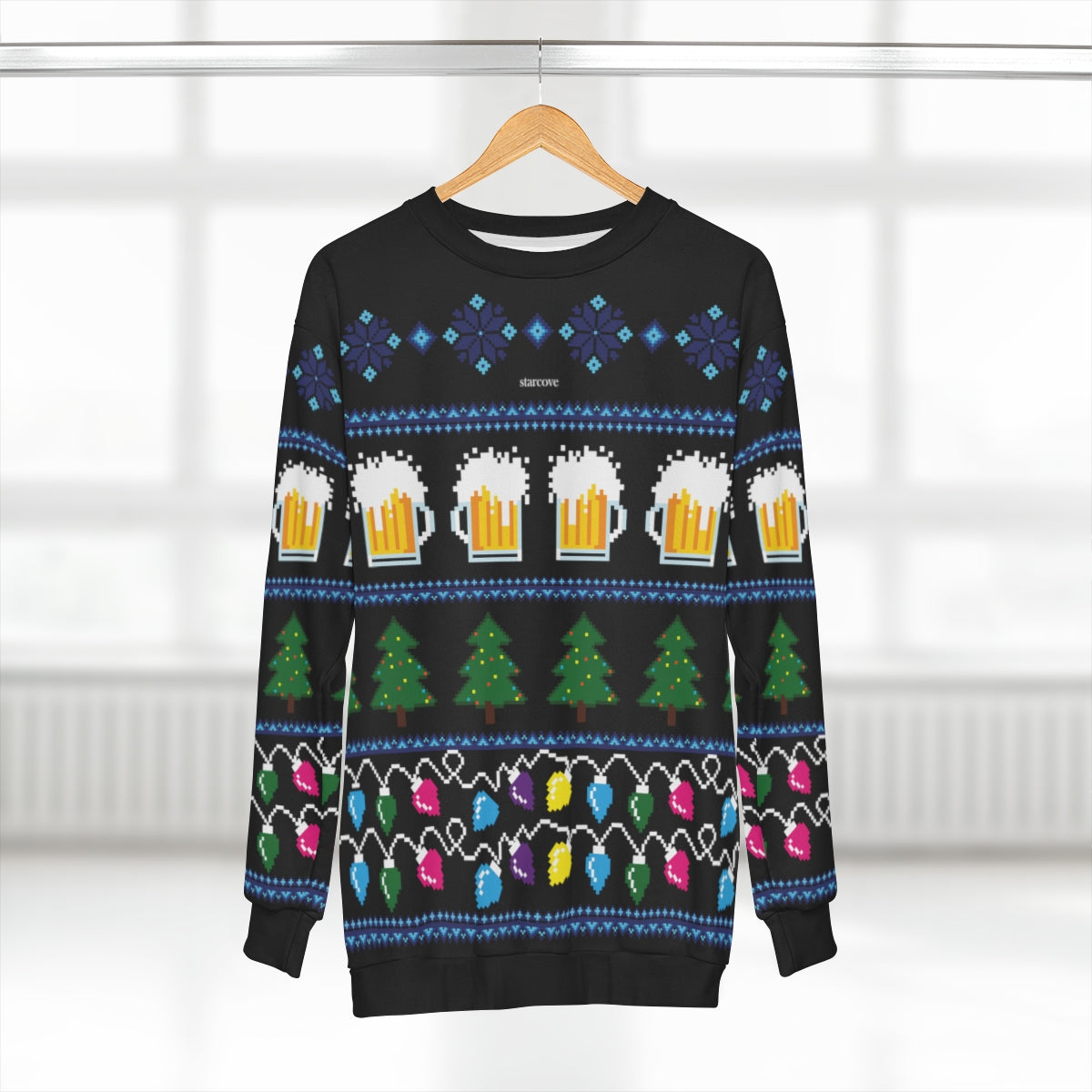 Beer Ugly Christmas Sweater, Party Funny Men Women Lights Stein glass Drinking Bar Tree Xmas Holiday Snowflakes Black Sweatshirt Top Starcove Fashion