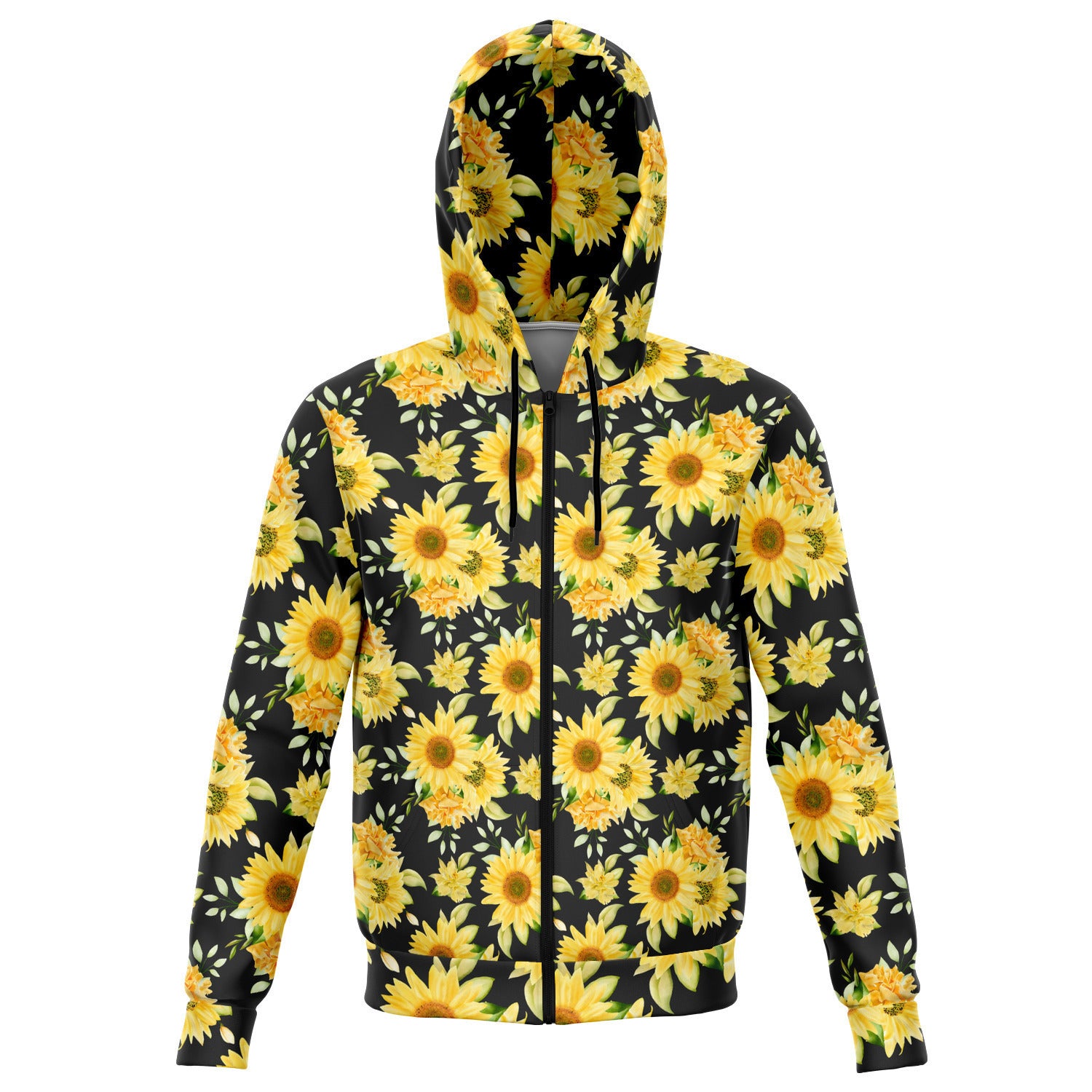 Starcove Sunflower Zip Up Hoodie, Yellow Black Flowers Floral Front Zip Pocket Men Women Adult Aesthetic Graphic Cotton Hooded Sweatshirt 3XL