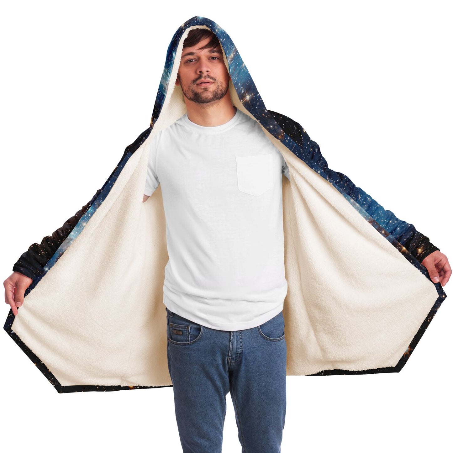 Galaxy Space Hooded Cloak, Stars Celestial Blue Men Women Modern Winter Warm Mink Blanket Cape with Pockets Starcove Fashion