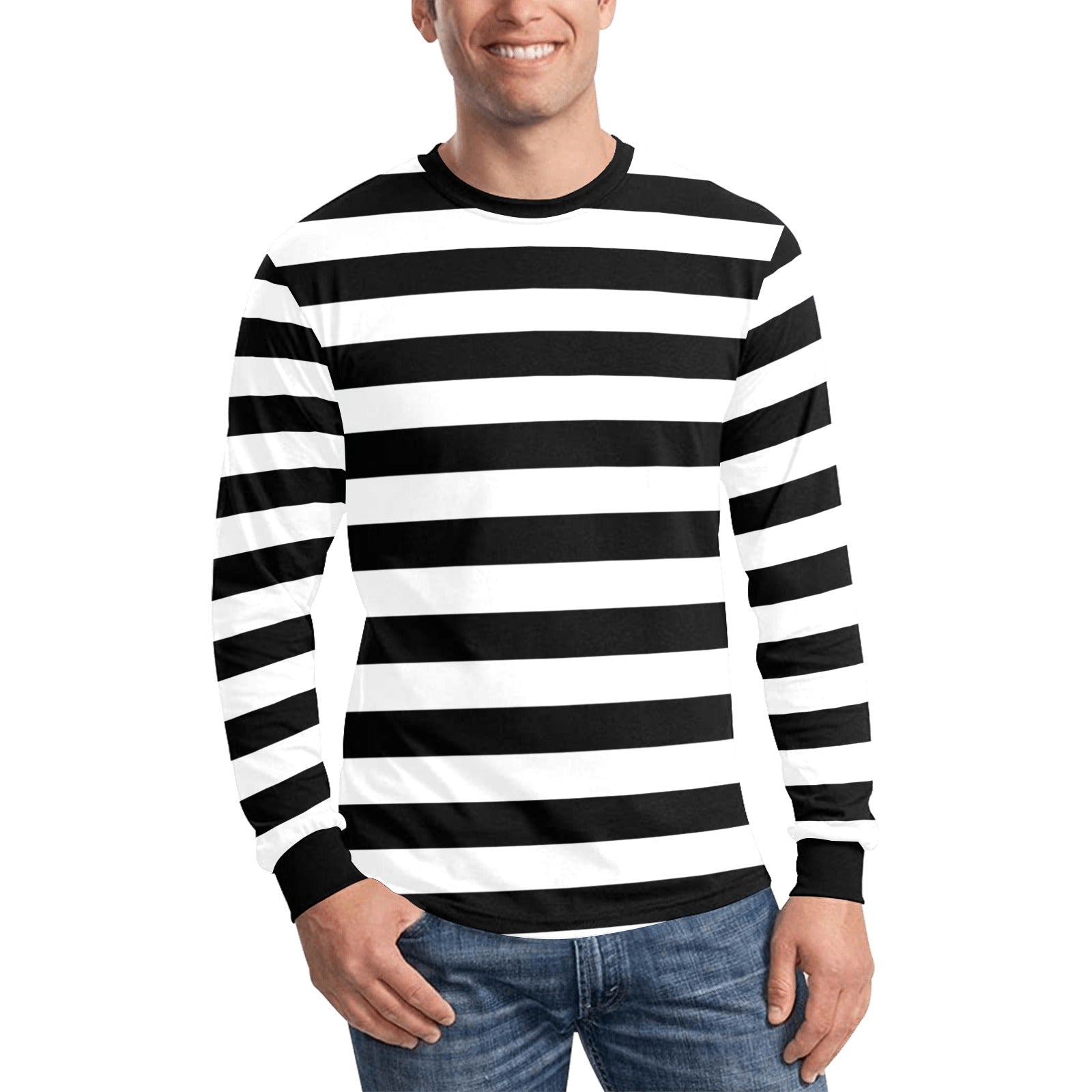 Black White Men Long Sleeve Striped TShirt, Graphic Vintage Retro – Starcove