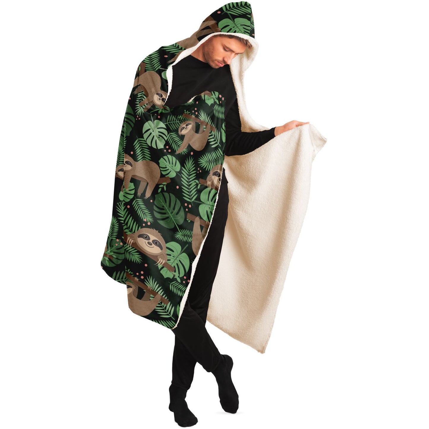 Sloth Green Hooded Blanket, Sleeping Animal Leaves Plants Cute Sherpa Fleece Soft Fluffy Cozy Warm Adult Men Women Kids Large Gift Starcove Fashion