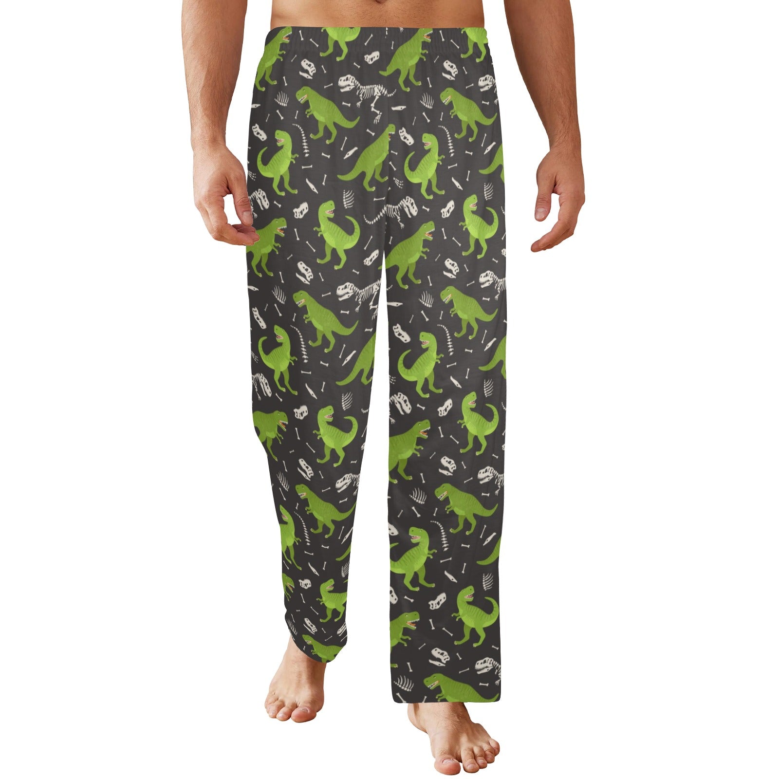 Dino Men Pajamas Pants, Dinosaur Green Trex Print Satin PJ Pockets