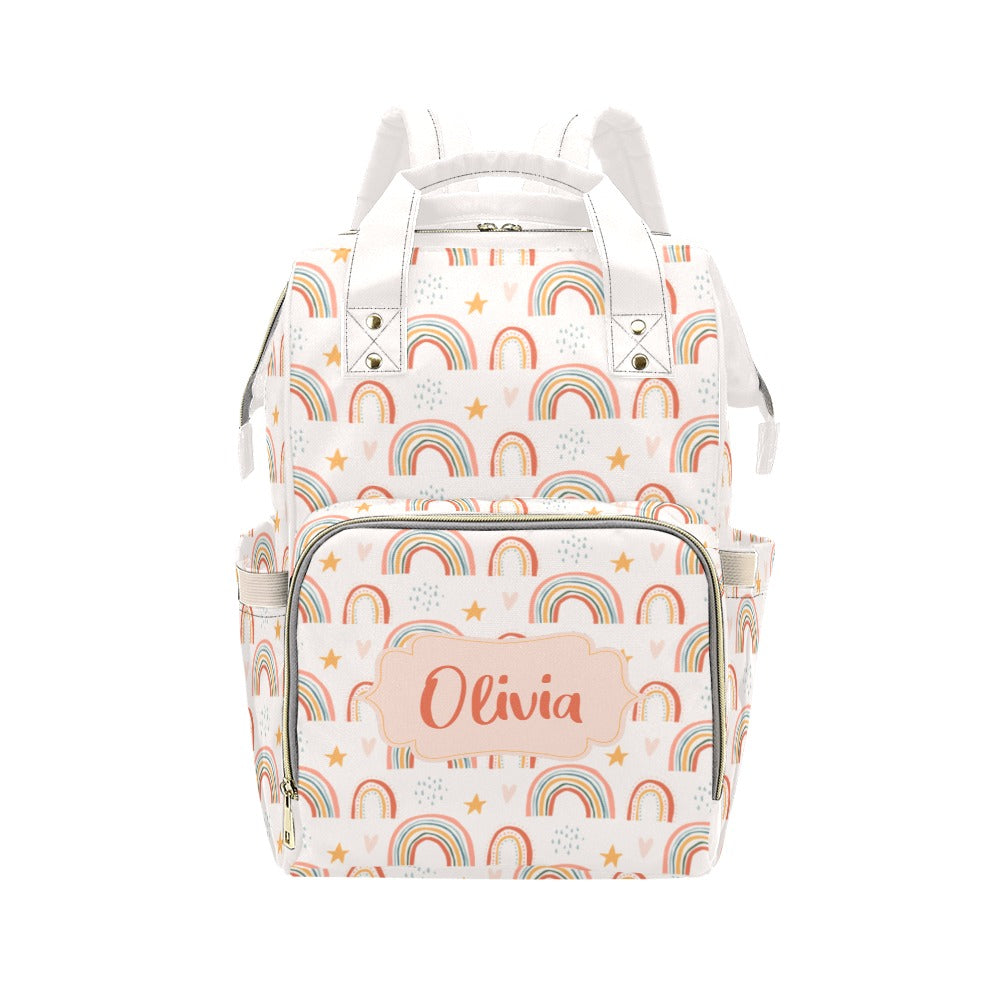 Custom Diaper Bag Backpack, Personalized Name Boho Rainbow Customized Baby Girl Waterproof Insulated Pockets Stylish Mom Designer Men Women Starcove Fashion