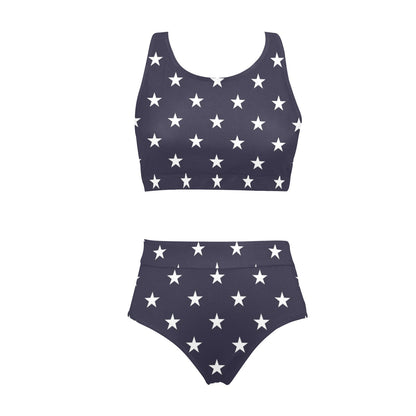 American Stars Sports Bikini Set, Navy USA Blue Patriotic High Waisted Cheeky Bottom Crop Halter Top Swimsuits Women Padded Swimwear Starcove Fashion