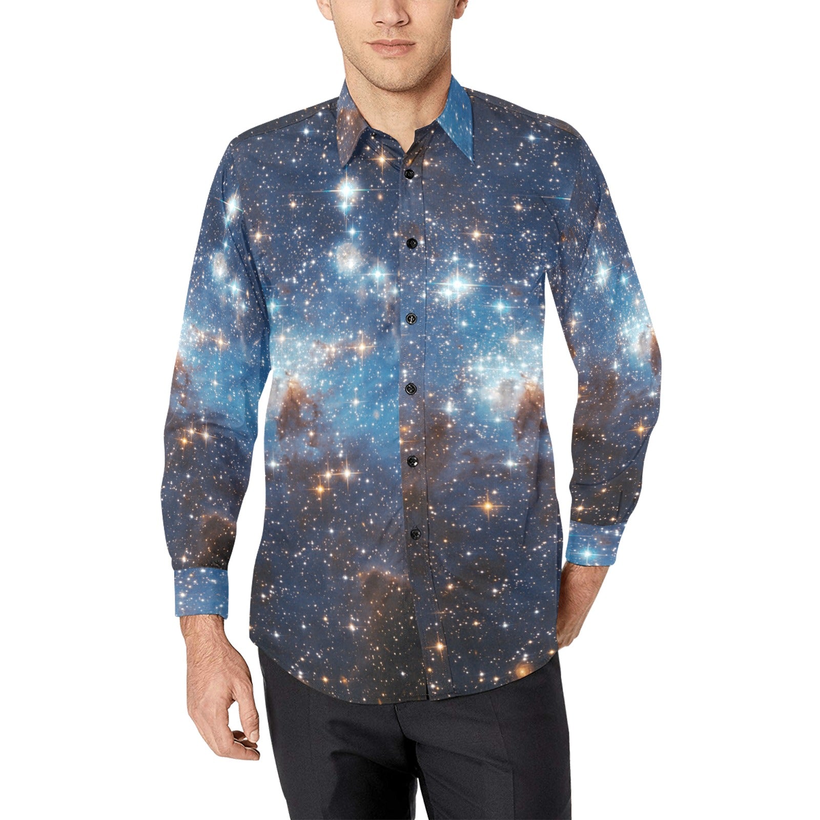 Starcove Galaxy Long Sleeve Men Button Up Shirt, Space Themed Stars Universe Cosmos Print Unique Buttoned Collar Dress Shirt with Chest Pocket L