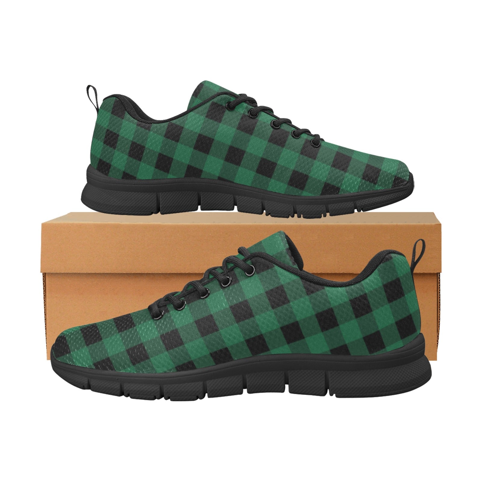 Green Buffalo Plaid Women Sneakers Shoes, Black Check Checkered