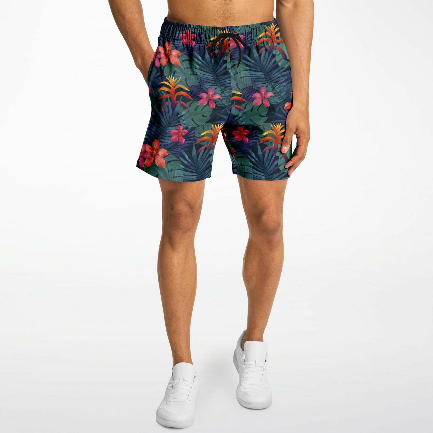 Tropical Men Mid Length Shorts, Jungle Flowers Green Leaves Beach Casual with Pockets Drawstring Casual Designer Plus Size Summer Shorts Starcove Fashion