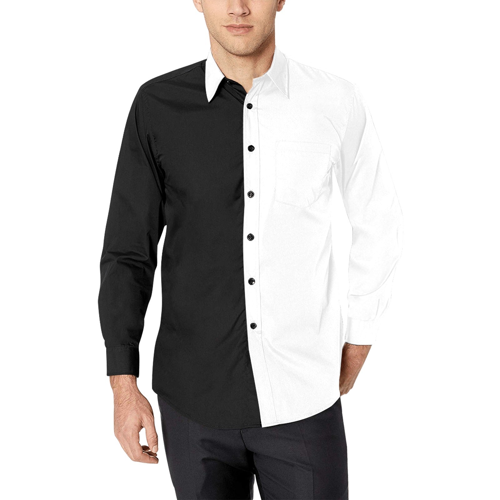 Half Black Half White Long Sleeve Men Button Up Shirt, Color Block
