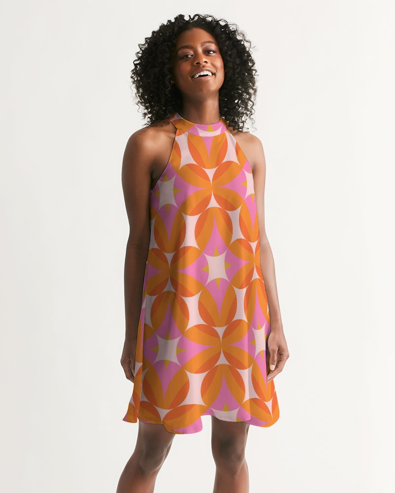 Orange Retro Women's Halter Cocktail Dress, Vintage Geometric