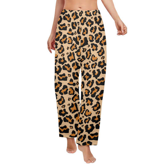 Leopard Print Women Pajamas Pants, Cheetah Animal Brown Pattern Satin PJ Funny Pockets Trousers Couples Matching Ladies Trousers Bottoms