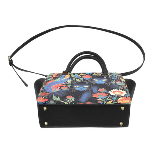 Cat Purse Handbag, Cute Black Animal Print High Grade Vegan Leather Designer Women Girl Satchel Top Handle Bag Shoulder Strap Zip Ladies Starcove Fashion