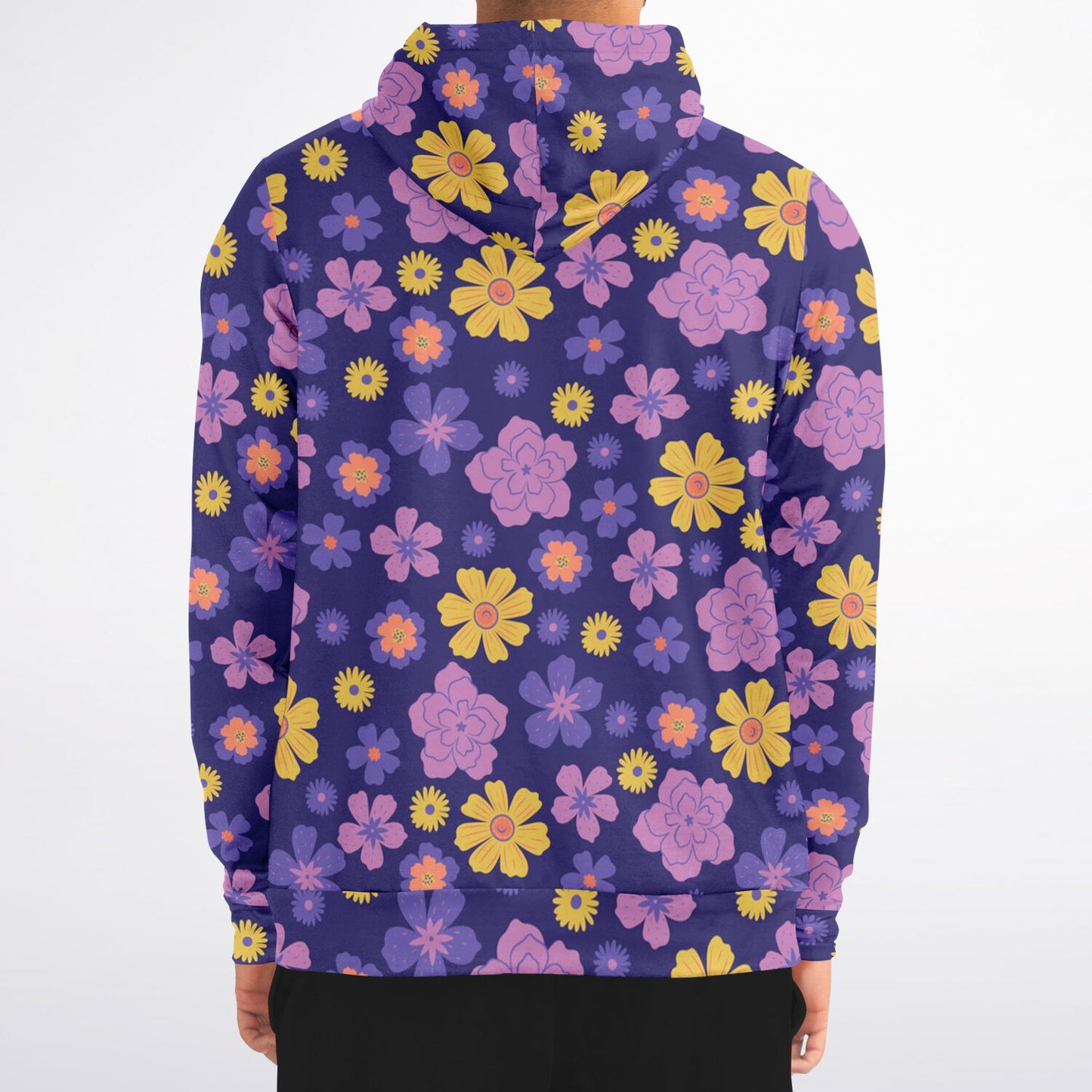 Floral Zip Up Hoodie, Blue Purple Flowers Front Zipper Pocket Men Women Unisex Adult Aesthetic Graphic Cotton Fleece Hooded Sweatshirt Starcove Fashion