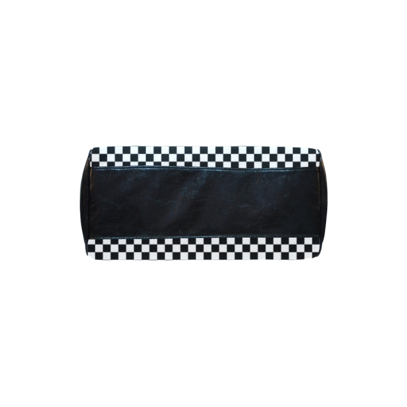 Black and White Handbag, Checkered Racing Flag Checkerboard Print Canvas and Leather Barrel Type Designer Top Handle Purse Starcove Fashion