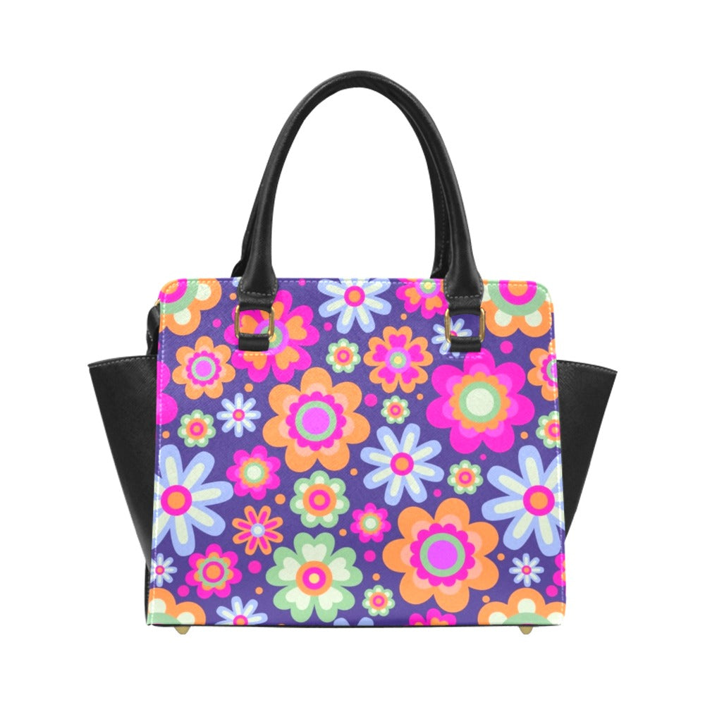 Groovy Pink Purse Handbag, Cute Retro Floral Flowers High Grade Vegan Leather Designer Women Gift Satchel Top Zip Handle Bag Shoulder Strap Starcove Fashion