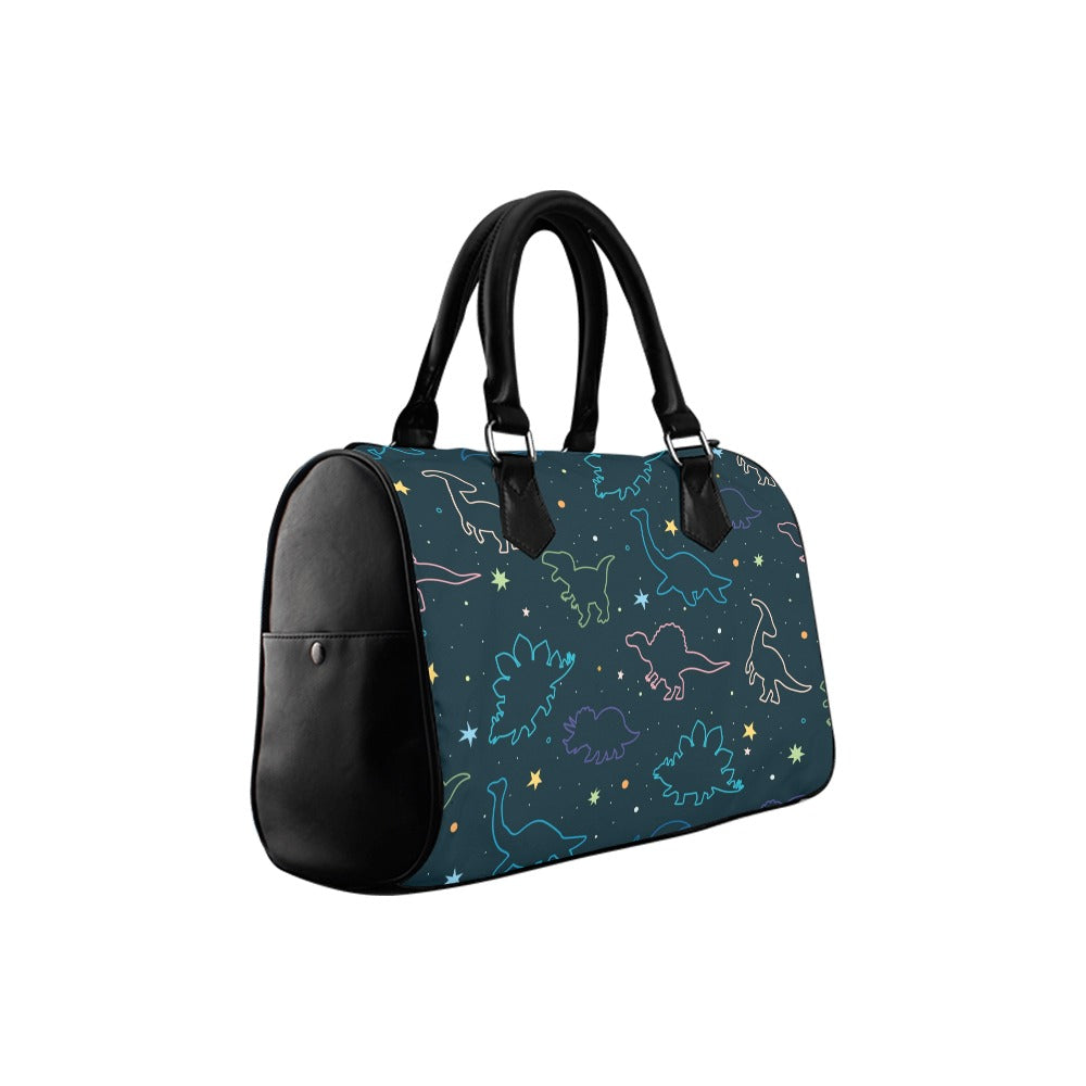 Cute Dinosaur Top Handle Handbag, Animal Dino Print Art Print Purse Canvas and Leather Barrel Type Designer Accessory Women Bag Gift Starcove Fashion