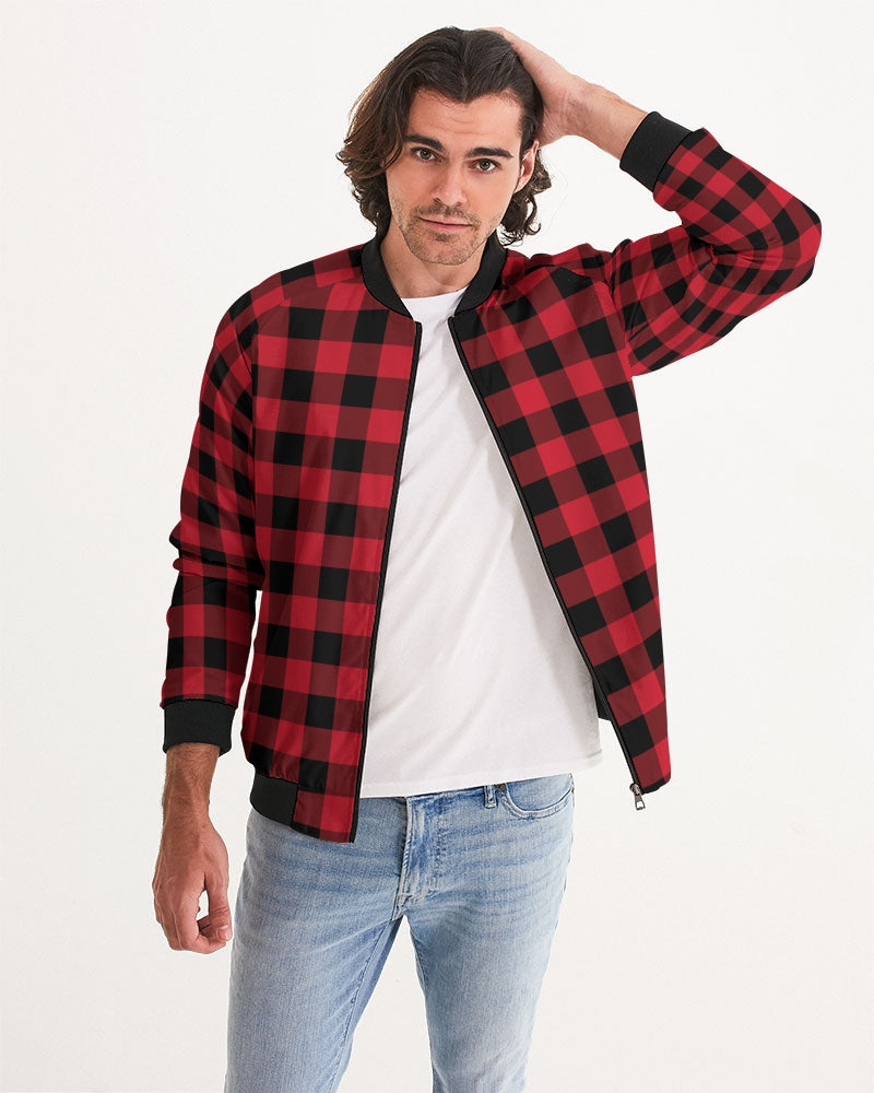 Red Buffalo Plaid Men's Bomber Jacket, Black Check Checkered Streetwear Winter Warm Designer Varsity Coat Starcove Fashion