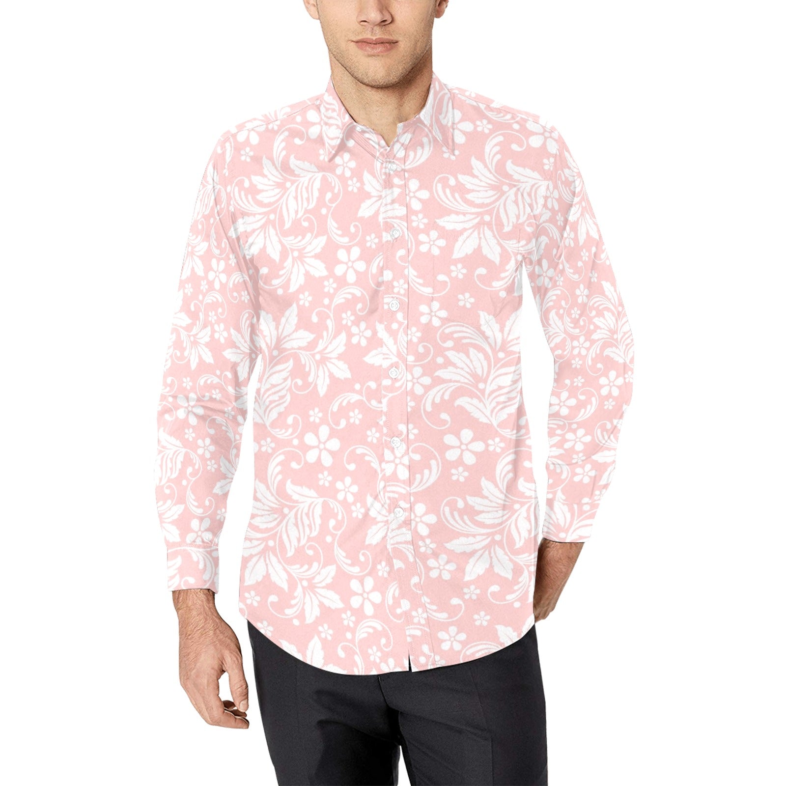 Pink Floral Long Sleeve Men Button Up Shirt, Flowers Print White Casual Buttoned Collared Designer Dress Shirt with Chest Pocket L Pink Floral Long Sleeve Men Button Up Shirt, Flowers Print White Casual Buttoned Collared Designer Dress Shirt with Chest Pocket L