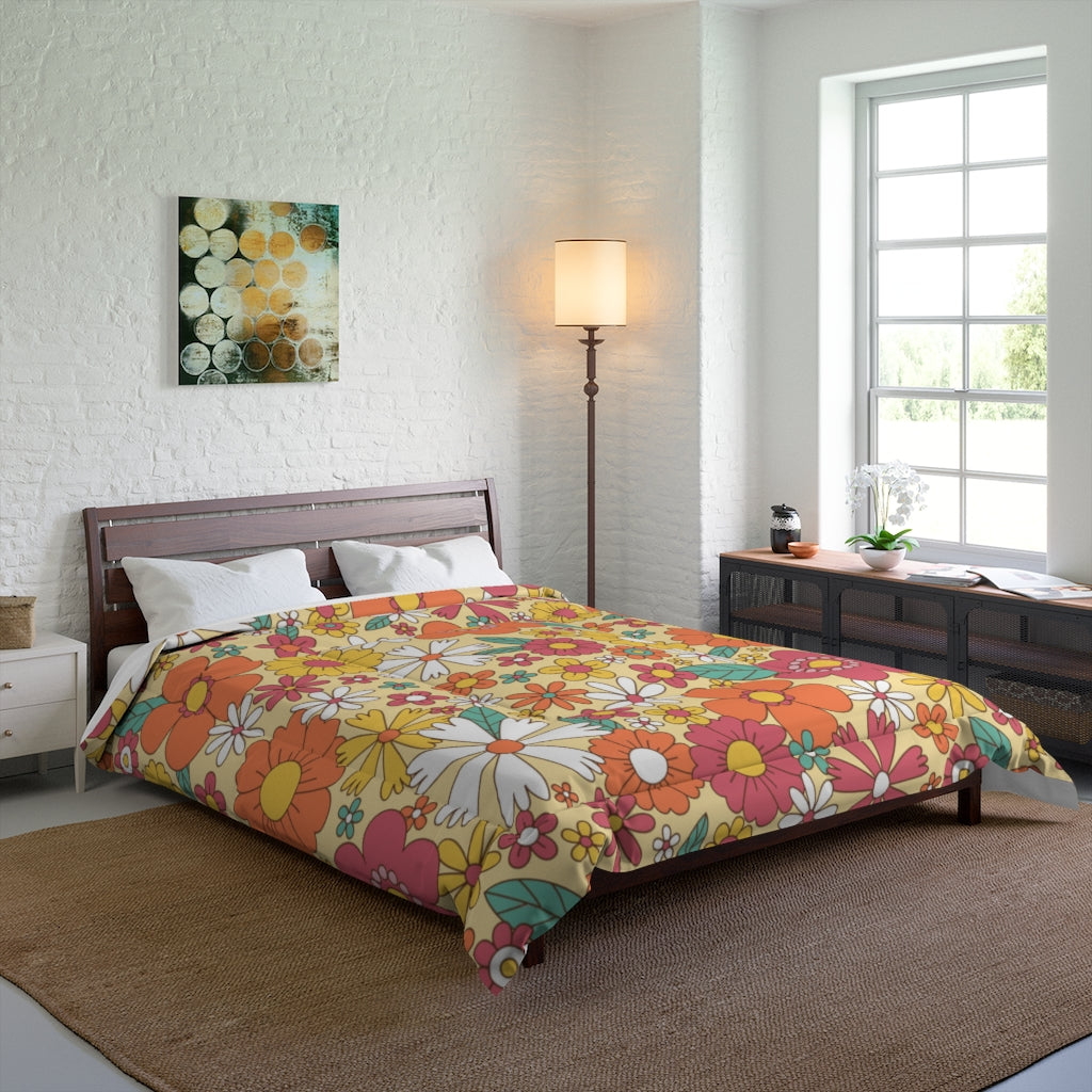 Groovy Flowers Bed Comforter, Floral 70s King Queen Twin Single Full Size Luxury Quilted Blanket Duvet Bedding Decor Bedroom Starcove Fashion