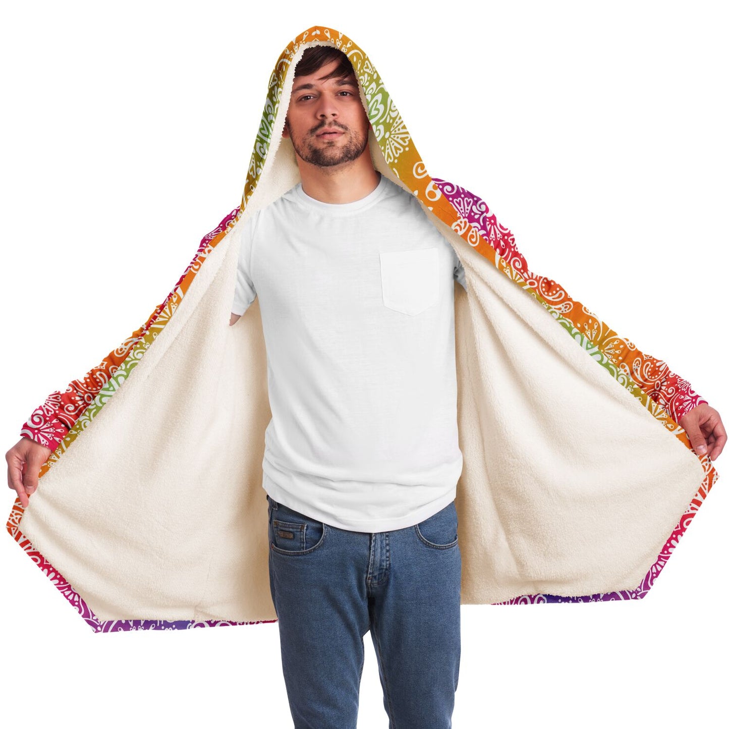 Mandala Hooded Cloak, Ombre Trippy Funky Men Women Modern Winter Warm Mink Blanket Festival Rave Wearable Cape with Pockets Starcove Fashion