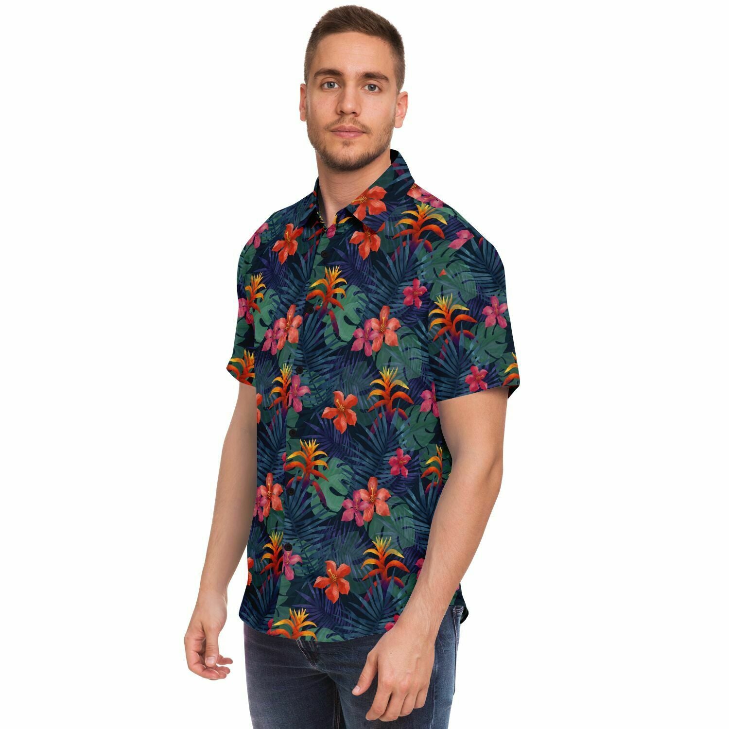 Tropical Men Button Down Shirt, Jungle Green Leaves Flowers Short Sleeve Casual Print Buttoned Up Collar Dress Plus size Shirt Starcove Fashion