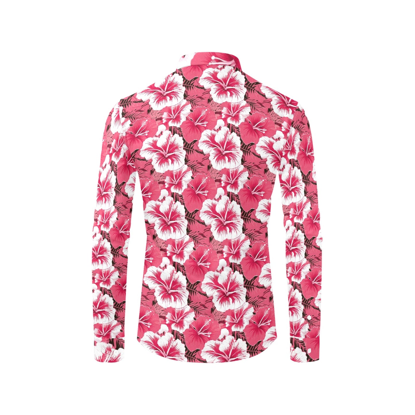 Hibiscus Long Sleeve Men Button Up Shirt, Pink Floral Flowers Tropical Print Male Guys Buttoned Down Collar Casual Dress Shirt