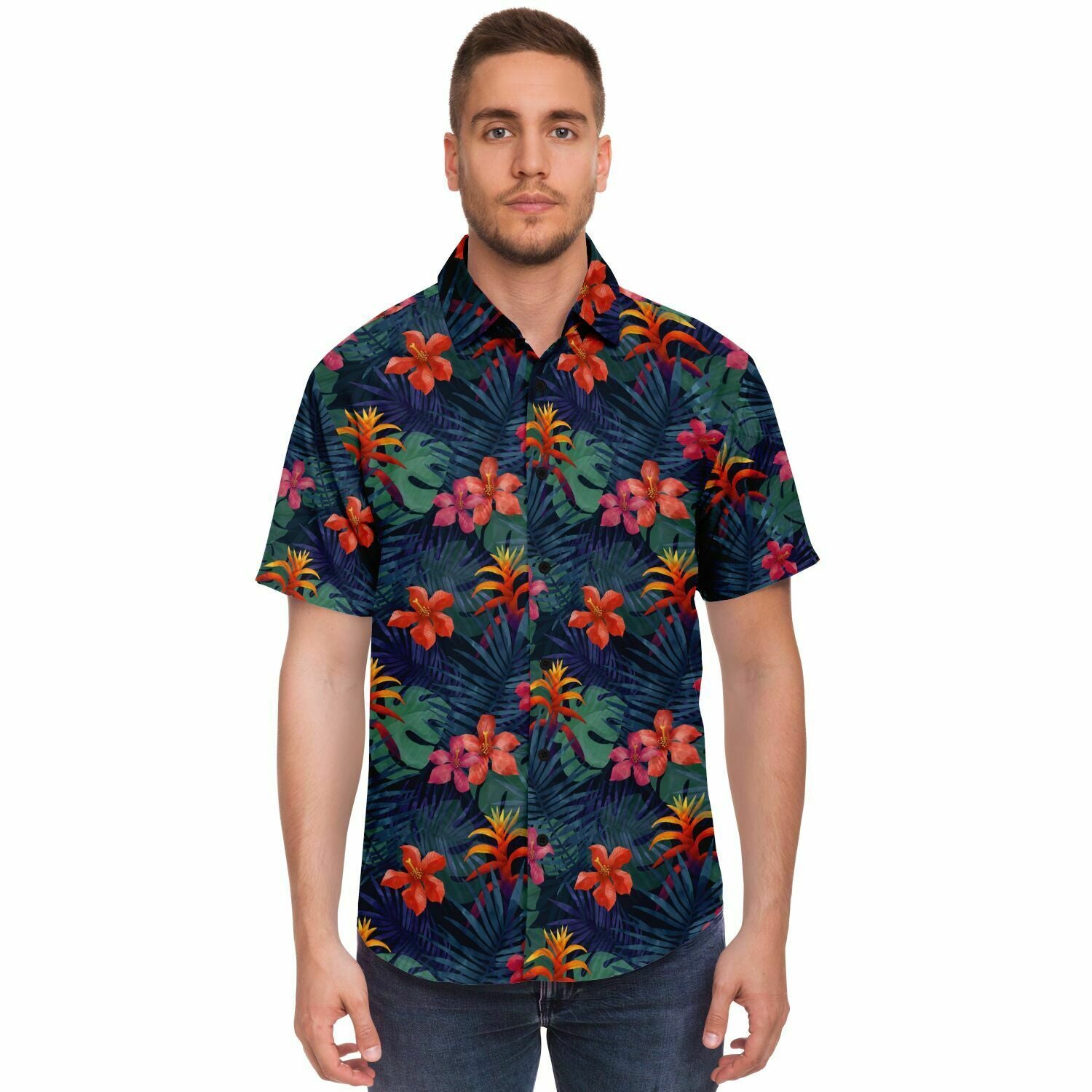 Tropical Men Button Down Shirt, Jungle Green Leaves Flowers Short Sleeve Casual Print Buttoned Up Collar Dress Plus Size Shirt L