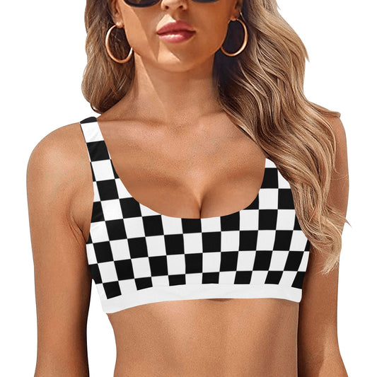 Checkered Bikini Top, Black White Checkerboard Check Sports Bathing Suit Plus Size Padded Swim Swimsuit Women Swimwear Starcove Fashion