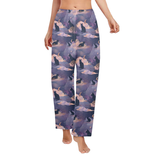 Cats Women Pajamas Pants, Clouds Half Moon Purple Pink Satin PJ Pockets Trousers Cute Mom Holiday Adult Ladies Trousers Bottoms