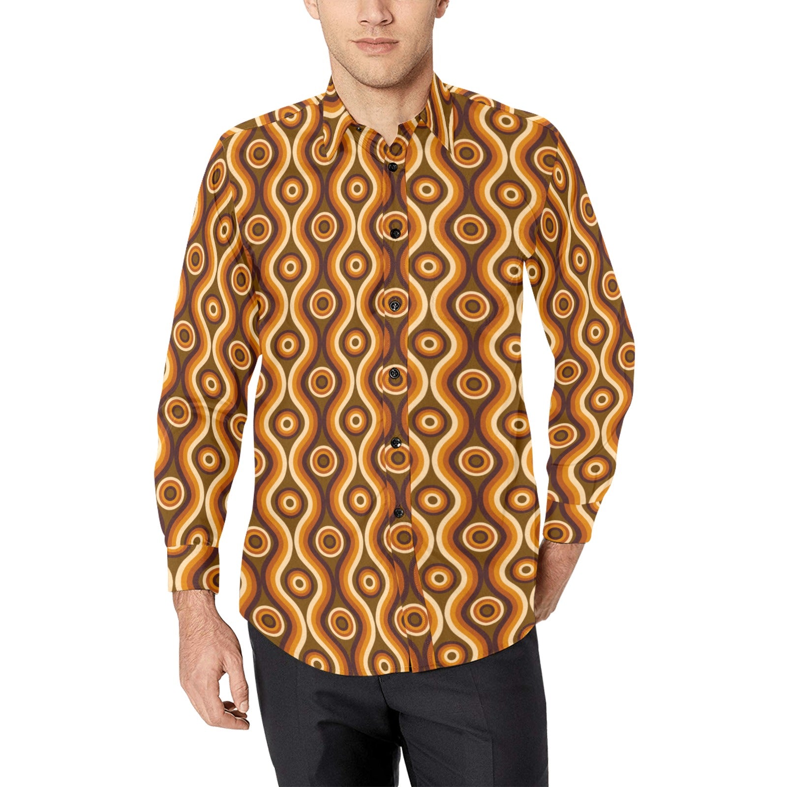 Retro 70s Long Sleeve Men Button Up Shirt, Groovy Funky Bold Orange Brown 1970 Print Casual Dress Buttoned Collared with Chest Pocket 2XL Retro 70s Long Sleeve Men Button Up Shirt, Groovy Funky Bold Orange Brown 1970 Print Casual Dress Buttoned Collared with Chest Pocket 2XL