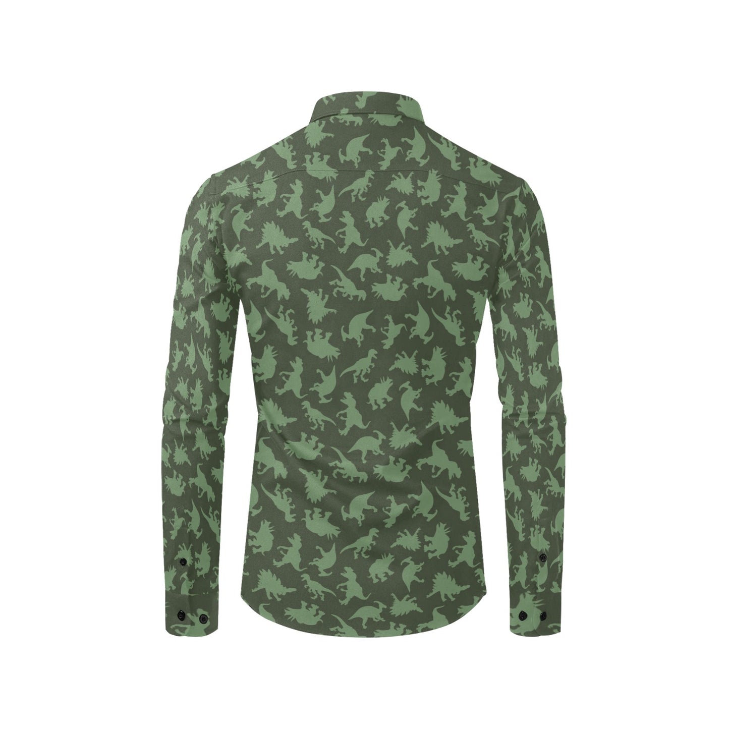 Dinosaurs Long Sleeve Men Button Up Shirt, Dino Green Print Buttoned Collar Casual Shirt with Chest Pocket Starcove Fashion