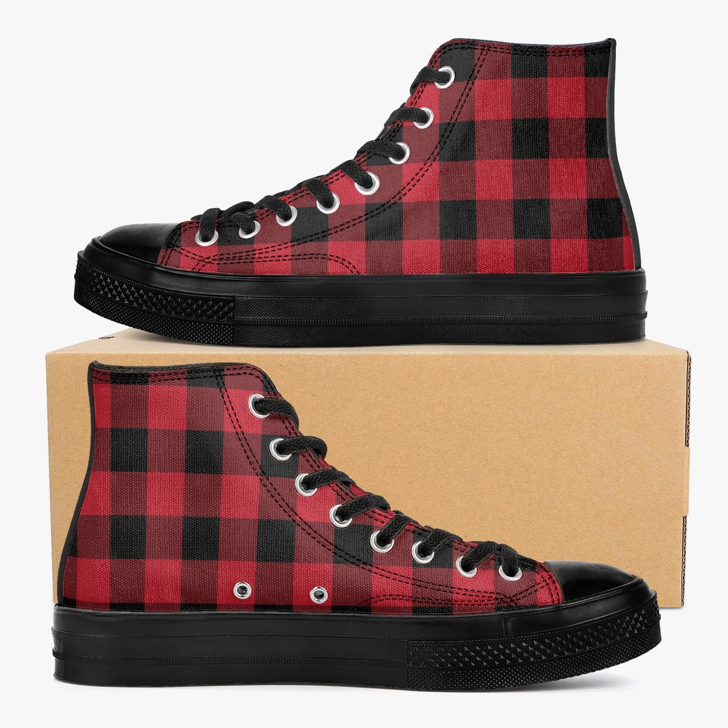 Red Buffalo Plaid High Top Shoes, Black Check Lace Up Sneakers