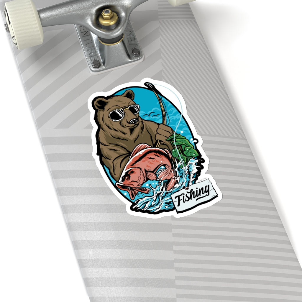 Bear Fishing Sticker, Salmon Laptop Decal Vinyl Cute Waterbottle Tumbler Car Waterproof Aesthetic Die Cut Wall Mural Gift Starcove Fashion
