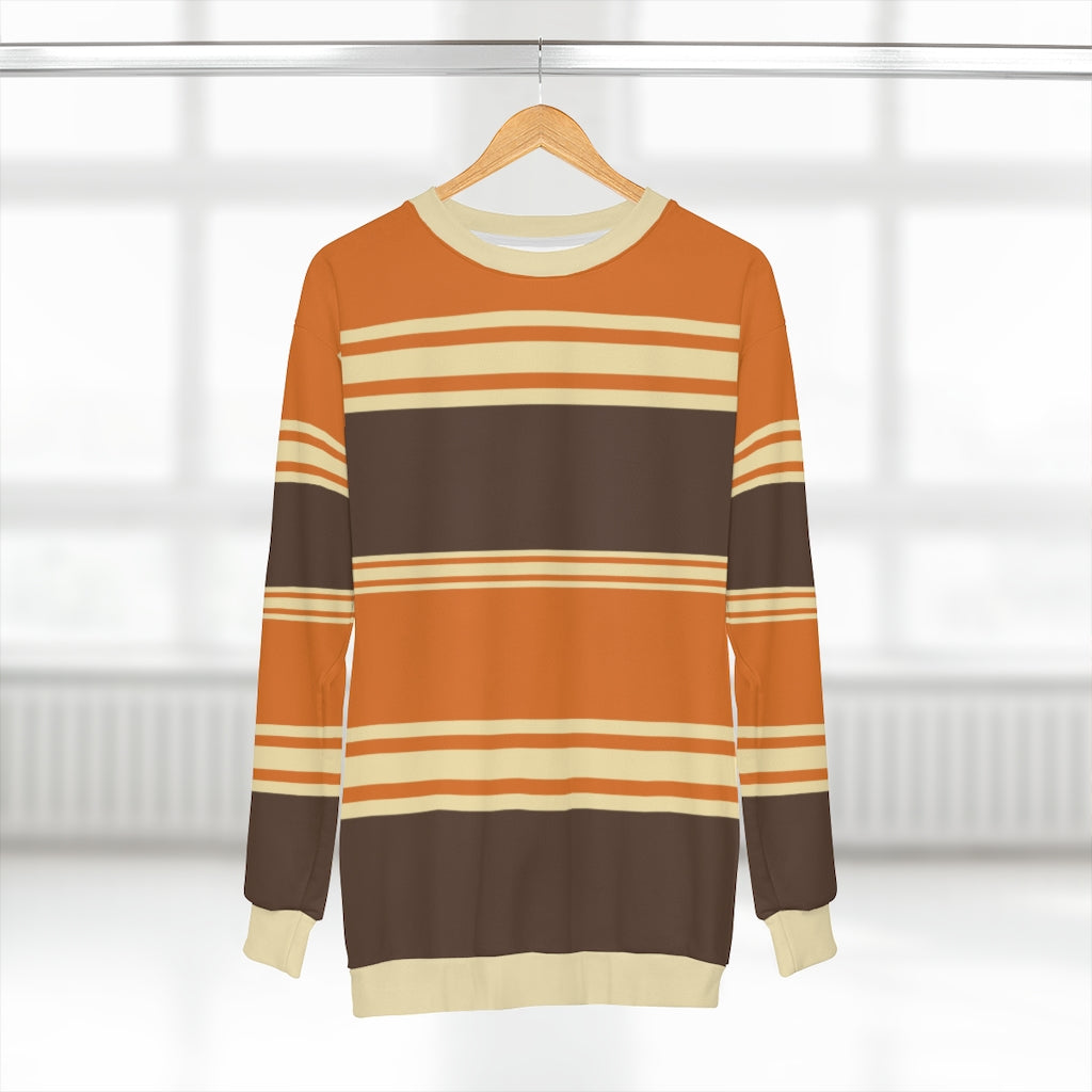 Vintage 70s Brown Orange Striped Sweater, Groovy 1970s Sweatshirt Crewneck Fleece Cotton Jumper Pullover Men Women Aesthetic Unisex Top Starcove Fashion
