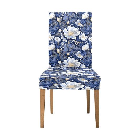 Blue White Gold Floral Dining Chair Seat Covers, Flowers Watercolor Stretch Slipcover Furniture Dining Kitchen Room Stool Home Decor