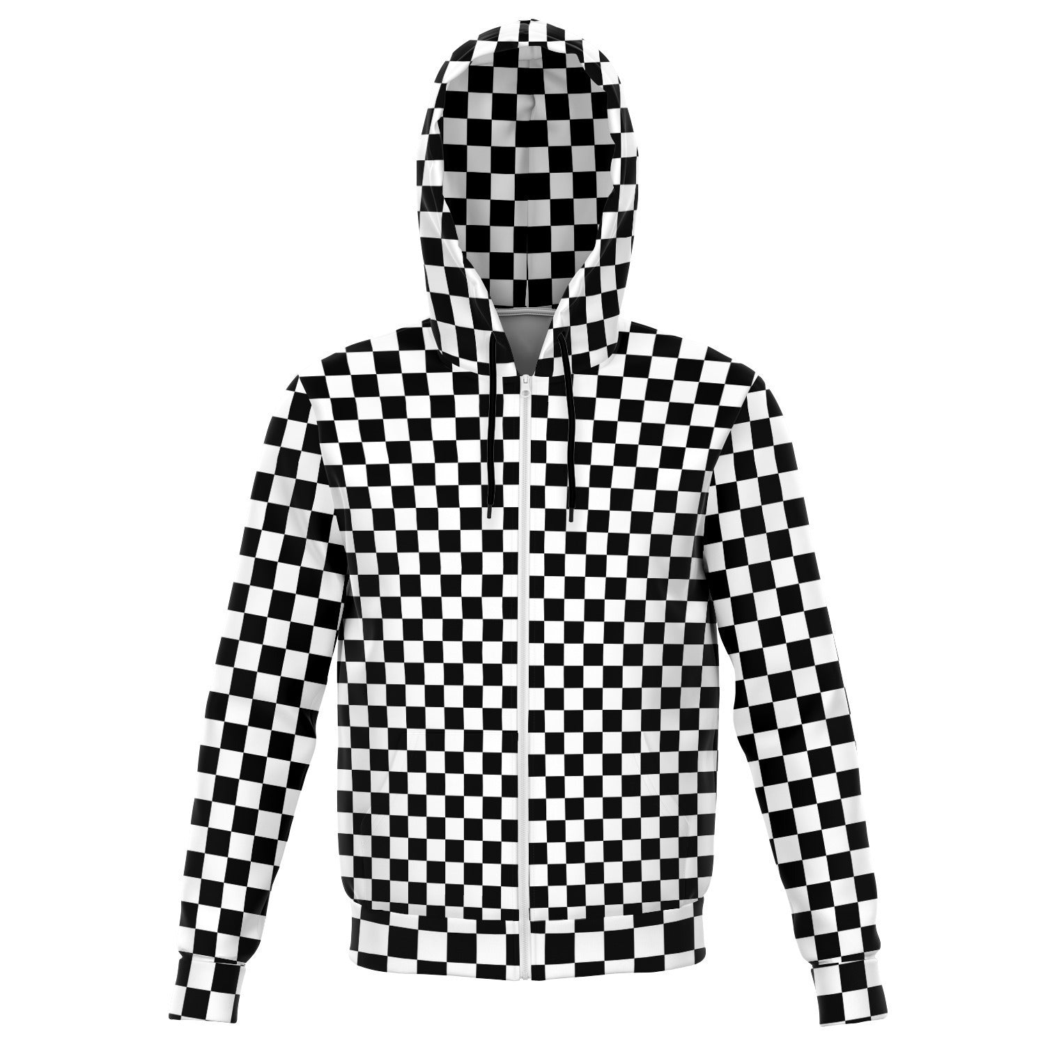 Black White Check Zip Up Hoodie, Checkered Racing Front Zip Pocket